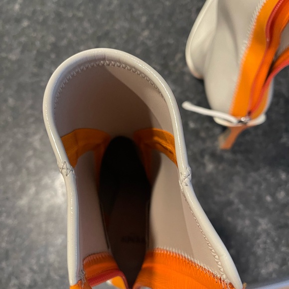 FENDI Ankle Boots Beige Orange Neoprene FFRAME Zipper Wood Heels 38.5 - Picture 6 of 8